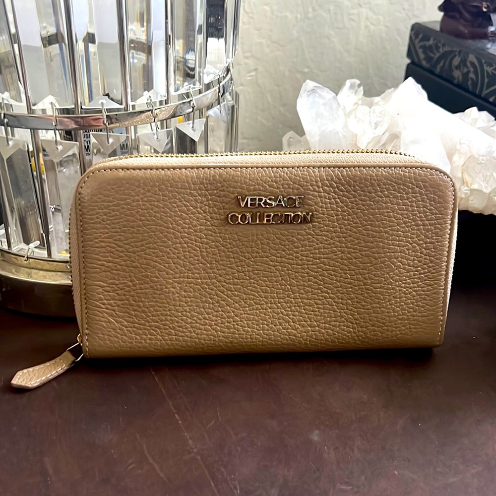 Beige leather Versace Collection wallet.